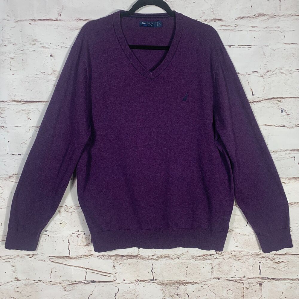 Nautica NavTech XL V Neck Sweater Purple Pullover Classic Fit Fall Layering Look